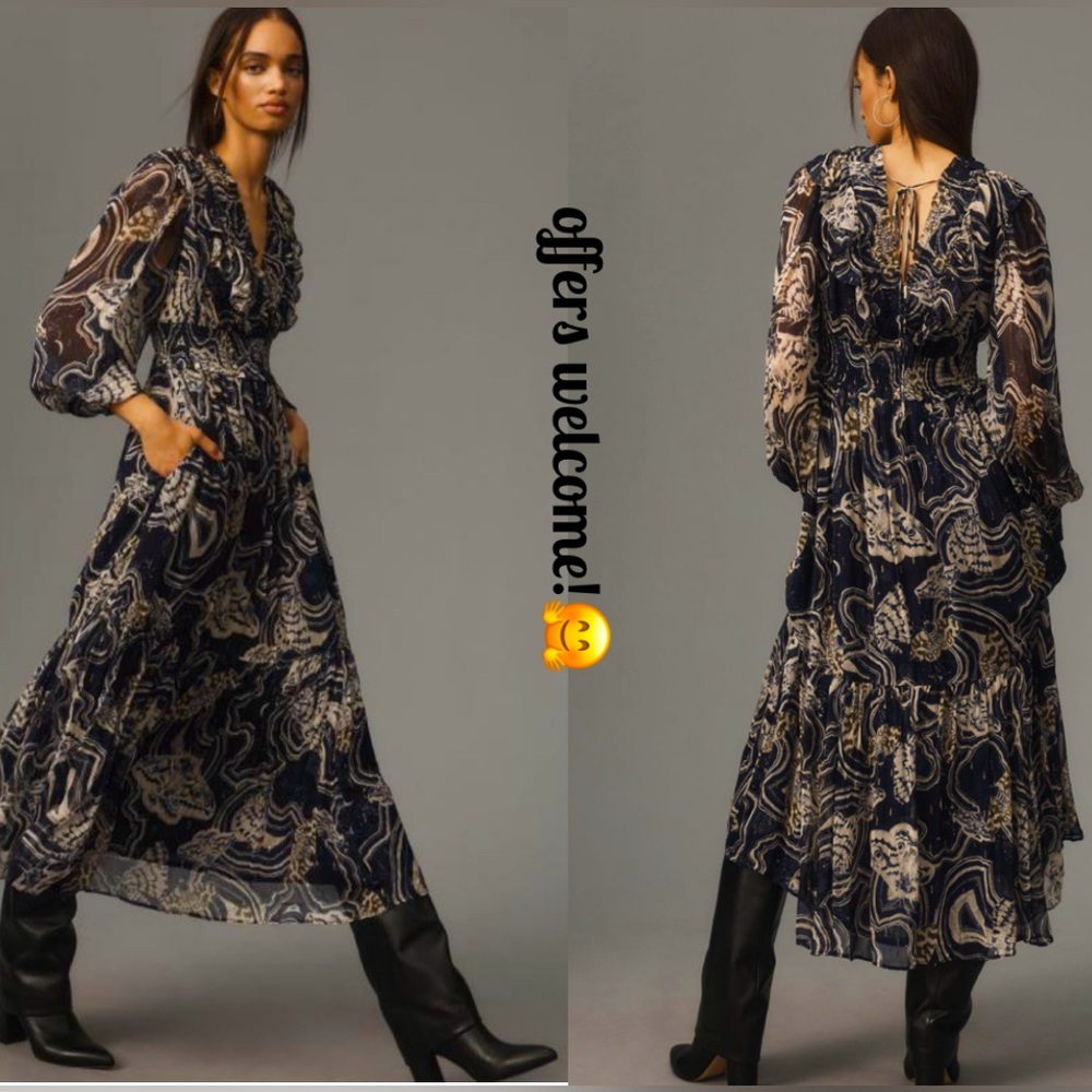 Anthropologie Printer Johnson Long-Sleeve V-Neck Textured Midi Dress